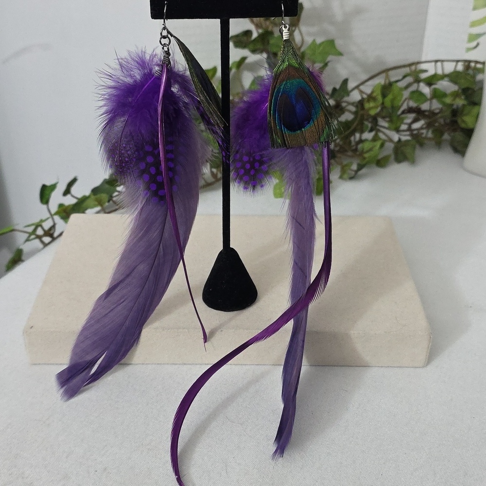 Boho Long Purple Real Feather Earrings - Picture 3 of 7